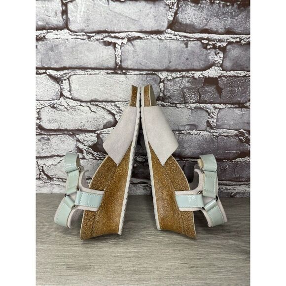 Birkenstock Papillio Grey Nubuck Suede Teal Patent Cork Wedge Sandals Women 38EU - Picture 16 of 16